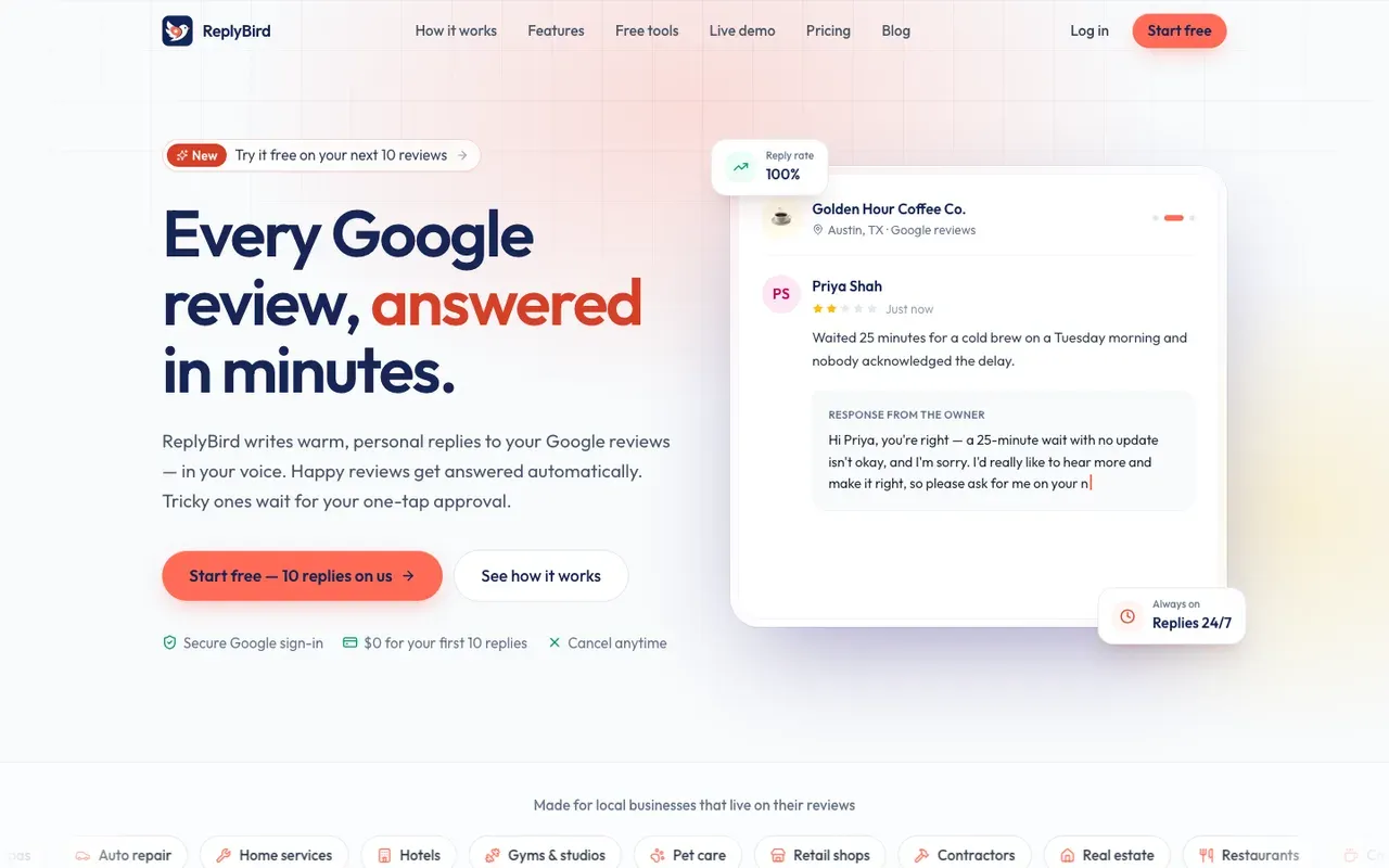 ReplyBird (getreplybird.com), AI replies to Google reviews, founded by Amandeep Sarahiya